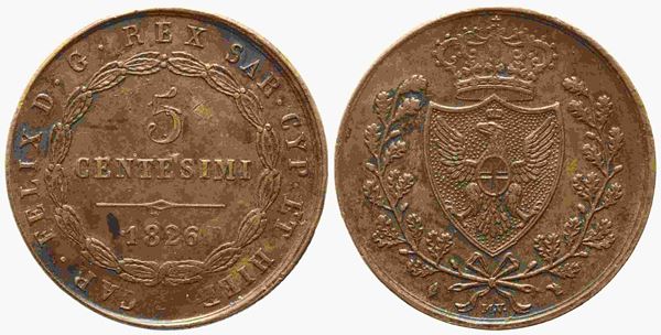 REGNO DI SARDEGNA. Carlo Felice (1821-1831). 5 centesimi 1826. Torino. Cu. R. B...