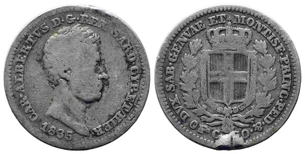 REGNO DI SARDEGNA. Carlo Alberto (1831-1849). 50 centesimi 1835. Torino. Ag. R....  - Asta Monete e medaglie moderne Italiane ed Estere - Bertolami Fine Art - Casa d'Aste