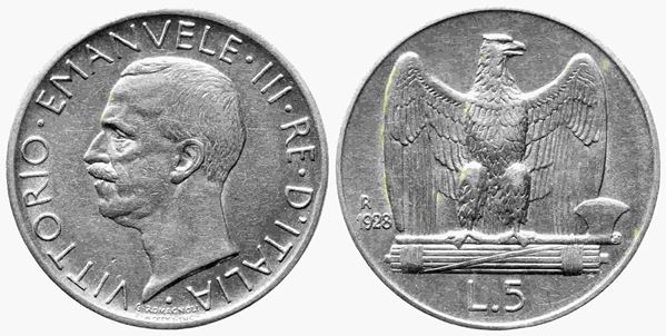 REGNO D'ITALIA. Vittorio Emanuele III (1900-1943). 5 lire 1928 - 2 rosette. Ag....  - Auction Monete e medaglie moderne Italiane ed Estere - Bertolami Fine Art - Casa d'Aste