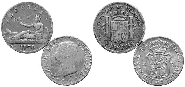 ESTERE. Lotto di due monete. Spagna. Giuseppe Napoleone. 4 reales 1810. 2 peset...