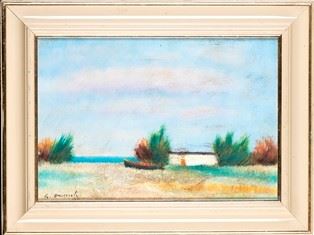 GIOVANNI OMICCIOLI : Landscape with boat, 1973  - Crayons on cardboard, 34,5 x 50 cm - Auction Dipinti, Disegni e Sculture dal XIX al XXI secolo e Collezione Cornelio Di Marzio - Bertolami Fine Art - Casa d'Aste