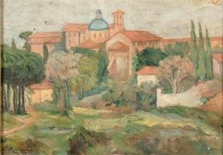 GIUSEPPE MONTANARI  (Osimo, 1889 &#8211; Varese, 1976) : Paesaggio romano, 1938  - Olio su tavoletta, 27 x 39 cm - Asta Dipinti, Disegni e Sculture dal XIX al XXI secolo e Collezione Cornelio Di Marzio - Bertolami Fine Art - Casa d'Aste