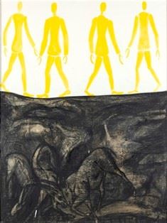 Passi gialli, 1999  - Oil on canvas and collage of papier-mâché structure, 78 x 59 cm  - Auction Dipinti, Disegni e Sculture dal XIX al XXI secolo e Collezione Cornelio Di Marzio - Bertolami Fine Art - Casa d'Aste