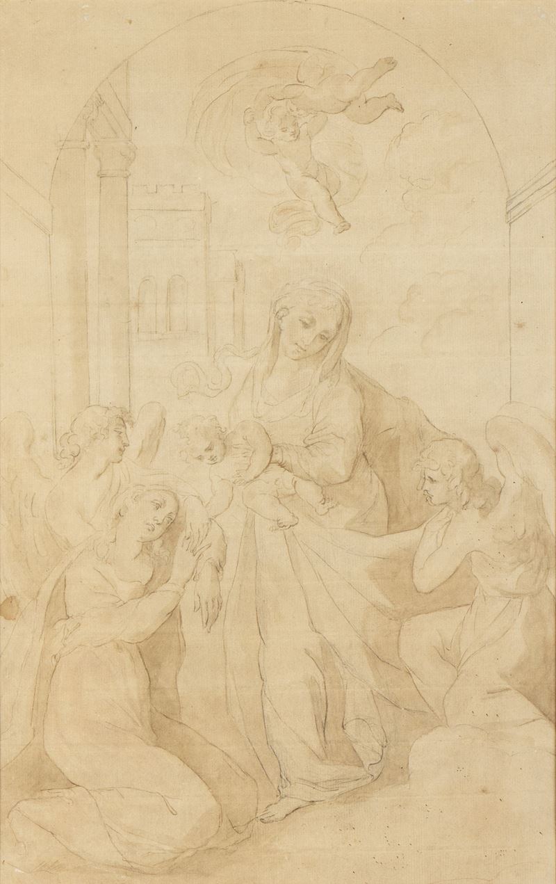 Scuola romana, Matrimonio mistico di Santa Caterina, matita e acquerello su carta bruna vergellat...