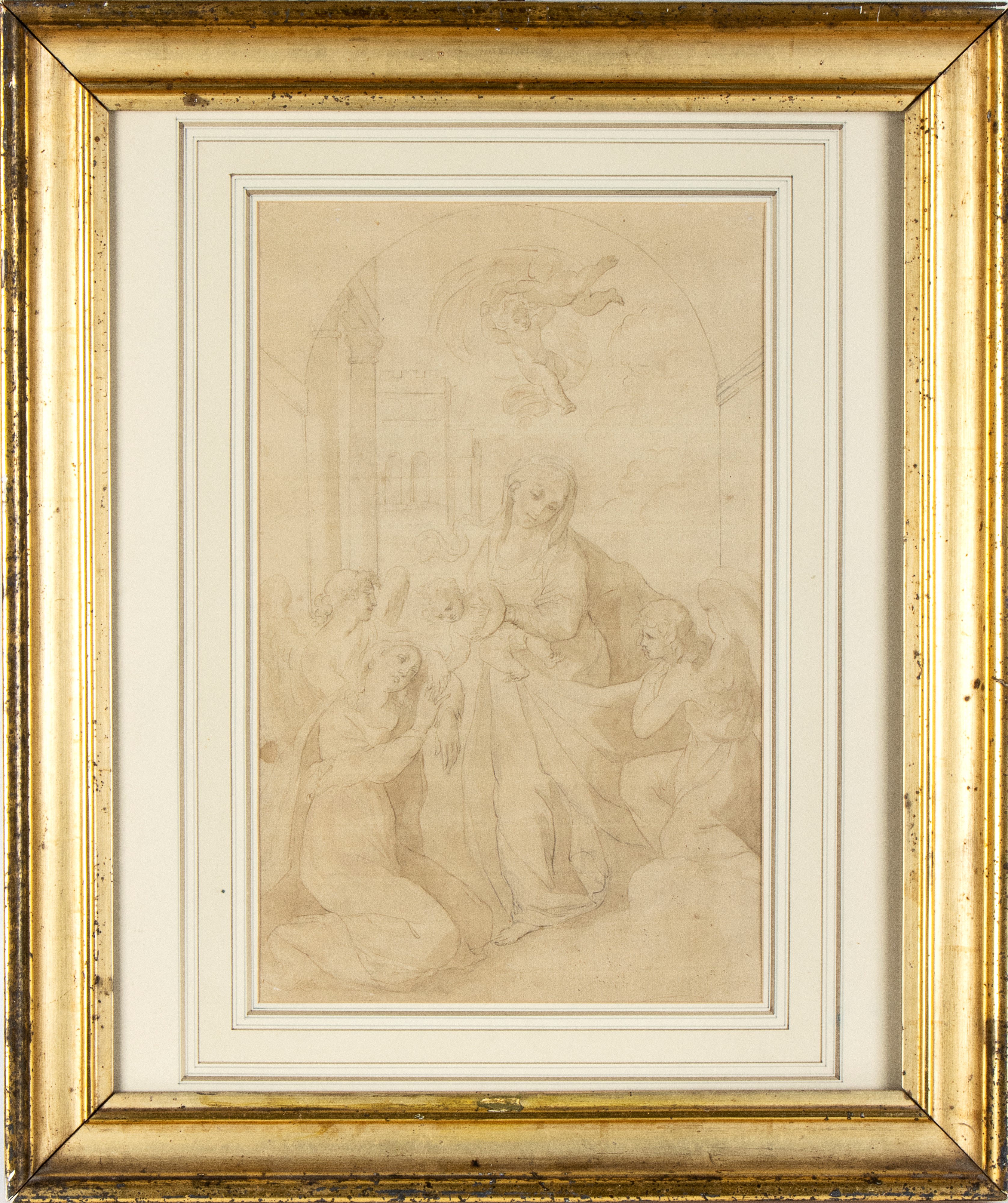 Scuola romana, Matrimonio mistico di Santa Caterina, matita e acquerello su carta bruna vergellat...
