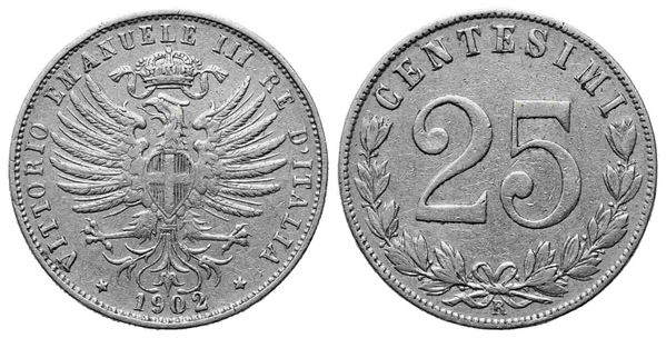 REGNO D'ITALIA. Vittorio Emanuele III (1900-1943). 25 centesimi 1902 "aquila sa...  - Auction Monete e medaglie moderne Italiane ed Estere - Bertolami Fine Art - Casa d'Aste