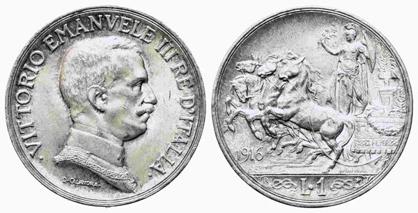 REGNO D'ITALIA. Vittorio Emanuele III (1900-1943). 1 lira 1916 "quadriga briosa...