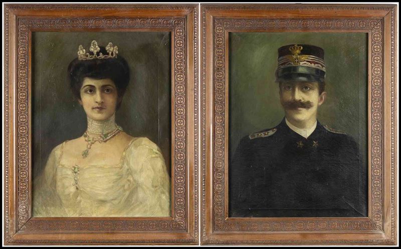 Coppia di Quadri Raffiguranti Vittorio Emanuele II e Regina Elena