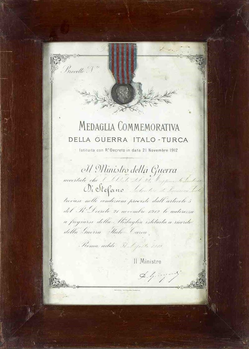 Medaglia della Guerra Italo-turca Incorniciata con Diploma di Concessione