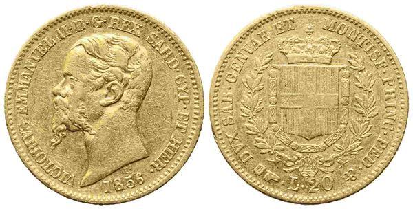 Torino. Regno di Sardegna. Vittorio Emanuele II, 20 lire 1856. Au (6,41 g). RRR...