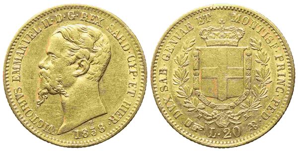 Torino. Regno di Sardegna. Vittorio Emanuele II, 20 lire 1858. Au (6,42 g). RR....