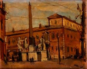 LUIGI SURDI : Piazza del Quirinale, 1947  - Olio su masonite, 40 x 50 cm  - Asta Dipinti, Disegni e Sculture dal XIX al XXI secolo e Collezione Cornelio Di Marzio - Bertolami Fine Art - Casa d'Aste