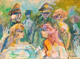 MINO MACCARI : Soldiers and girls, 1977  - Oil on cardboard, 60 x 80 cm  - Auction Dipinti, Disegni e Sculture dal XIX al XXI secolo e Collezione Cornelio Di Marzio - Bertolami Fine Art - Casa d'Aste