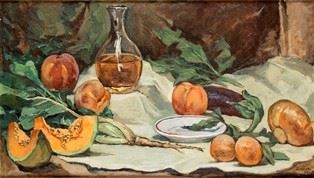 CARLO SOCRATE (Mezzana Bigli, 1889 - Roma, 1967) : Natura morta con frutta, 1940  - Olio su tela, 40 x 70 cm  - Asta Dipinti, Disegni e Sculture dal XIX al XXI secolo e Collezione Cornelio Di Marzio - Bertolami Fine Art - Casa d'Aste