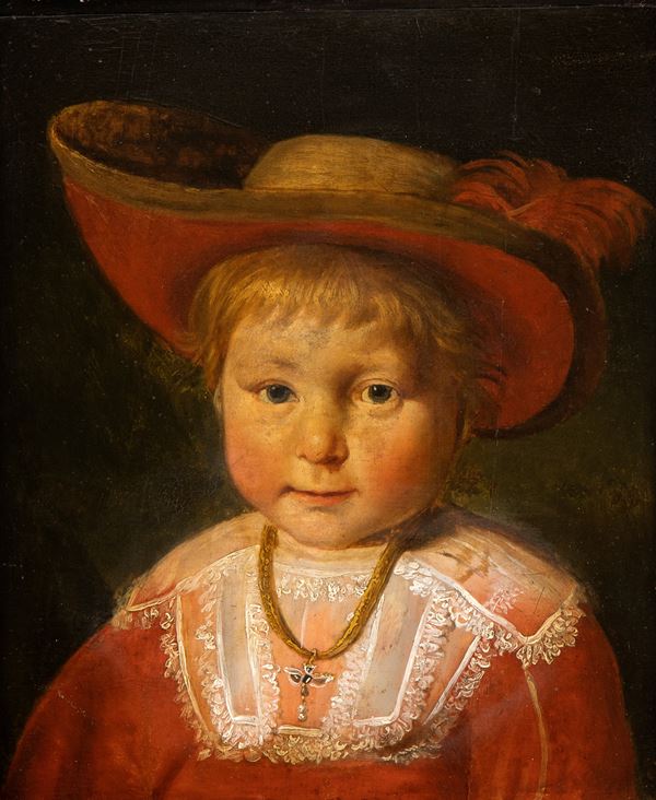 Artista olandese, XVII secolo - Ritratto di fanciullo con cappello piumato e collana d'oro