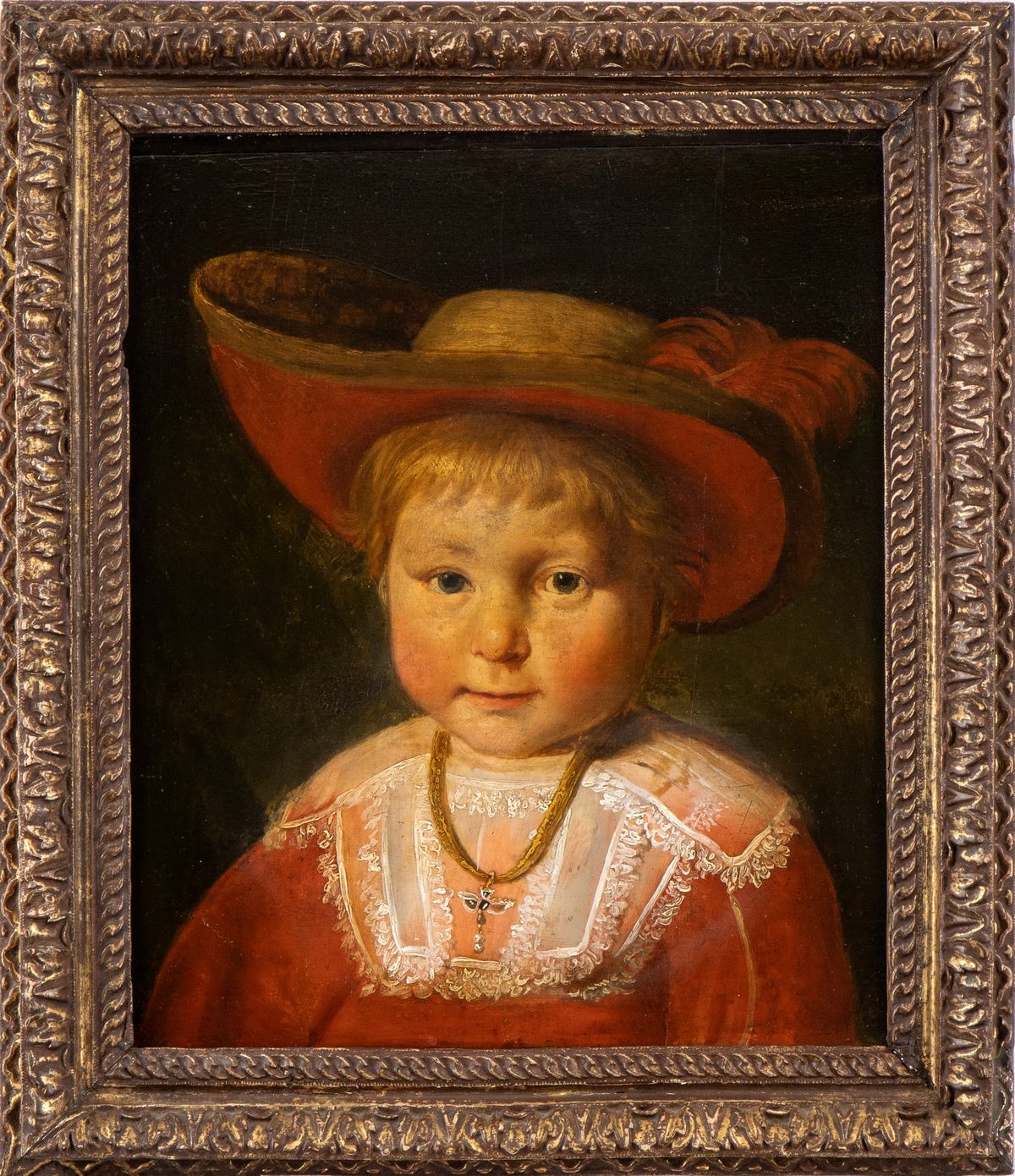 Artista Olandese, XVII Secolo - Ritratto di Fanciullo con Cappello Piumato e Collana D'oro