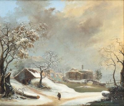 Paesaggio Invernale con Viandante e Ponte sullo Sfondo