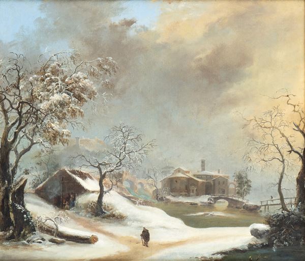 Francesco Foschi - Winter landscape with wayfarer and bridge in the background