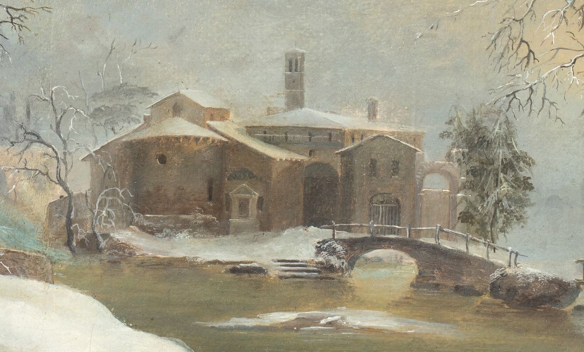 Francesco Foschi - Paesaggio Invernale con Viandante e Ponte sullo Sfondo