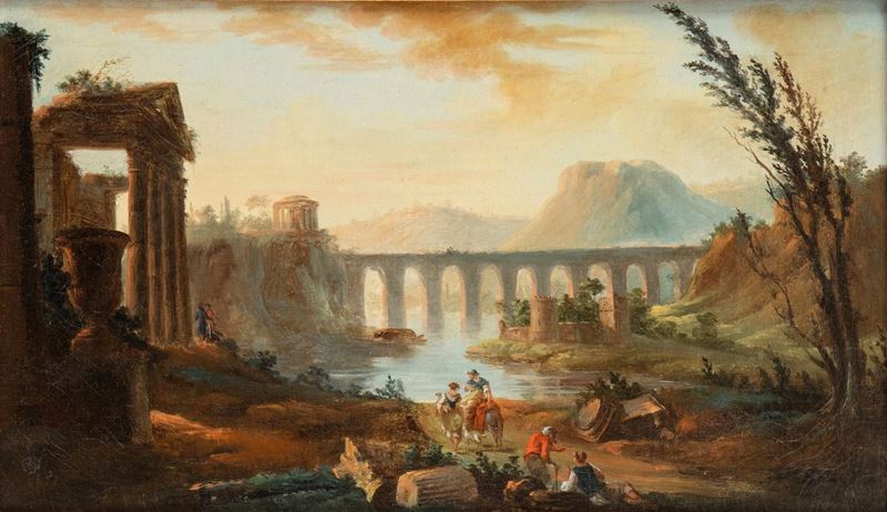 Artista Attivo a Roma, XVIII Secolo - Veduta Laziale di Fantasia con Ruderi, Tempio Corinzio, Tem...