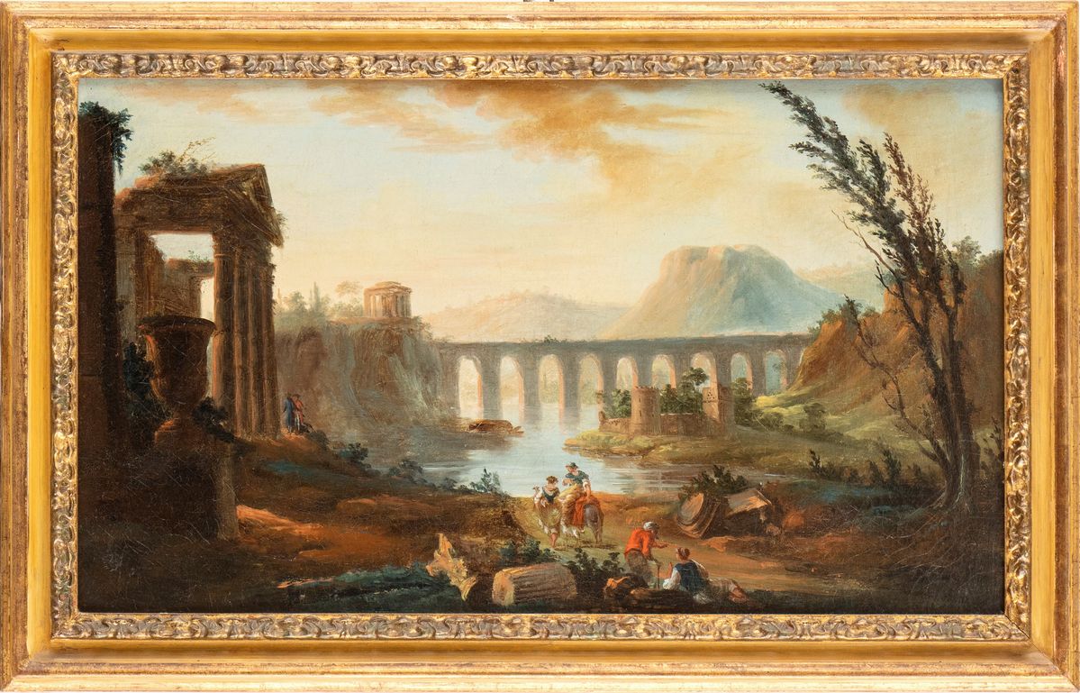 Artista Attivo a Roma, XVIII Secolo - Veduta Laziale di Fantasia con Ruderi, Tempio Corinzio, Tem...