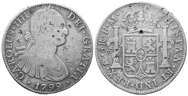 MESSICO. Carlo IV di Borbone (1788-1808). 8 reales 1799. Ag. Interessanti chopm...