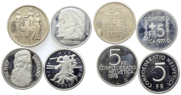 ESTERE - SVIZZERA. Lotto di n. 4 monete commemorative da 5 Franchi Svizzera. FD...