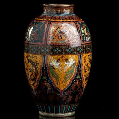 Vasetto Ovoidale in Metallo con Decoro a Smalti Cloisonné