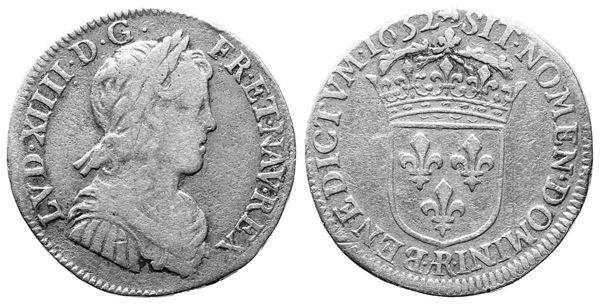 FRANCIA. Luigi XIV (1643-1715). 1/4 di Ecu 1652. Ag (6,63 g). Appiccagnolo abil...