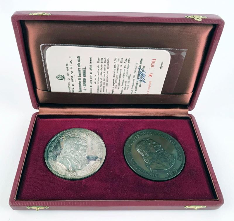 San Marino. Dittico Medaglie Napoleone Bicentenario della Nascita 1969. Ag (60 MM - 98 G), Ae (60...