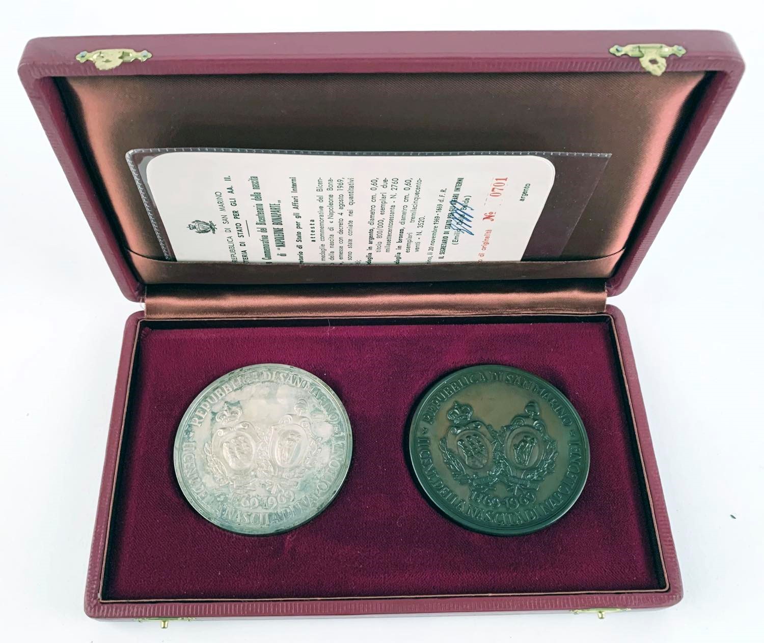 San Marino. Dittico Medaglie Napoleone Bicentenario della Nascita 1969. Ag (60 MM - 98 G), Ae (60...