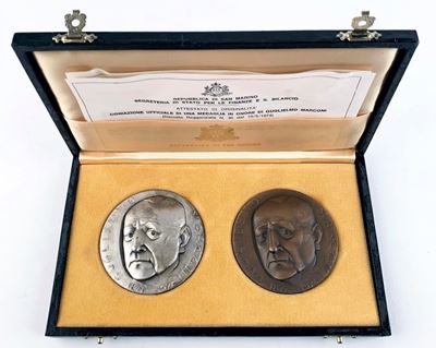 San Marino. Dittico Medaglie G. Marconi Centenario della Nascita 1974. Ag (130 G; 60 MM), Ae (60 ...