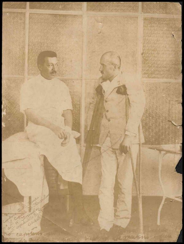 Enlarged photo of Benito Mussolini with his doctor during his convalescence...