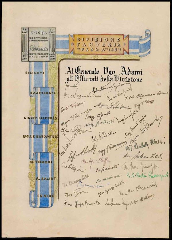 Sheet with dedication to General Ugo Adami by the officers of the Parma Infantr...