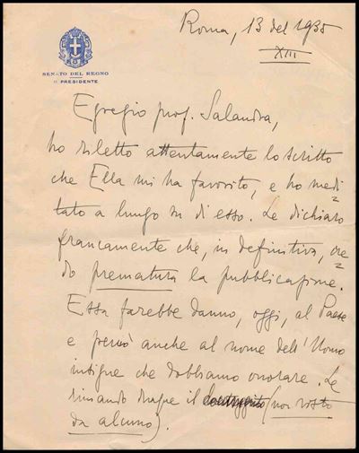 Lettera Autografa di Luigi Federzoni, Presidente del Senato del Regno e Ministr