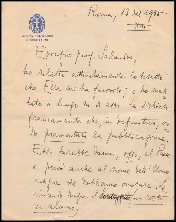 Autographed letter from Luigi Federzoni, president of the Senate of the Kingdom...
