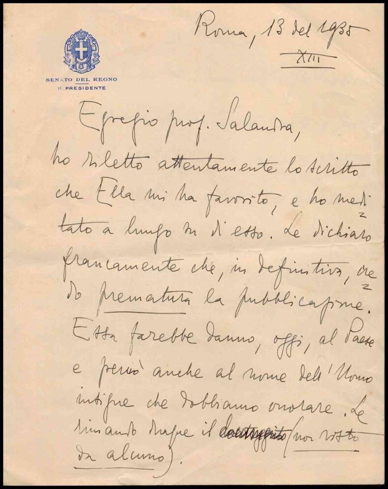 Lettera Autografa di Luigi Federzoni, Presidente del Senato del Regno e Ministr