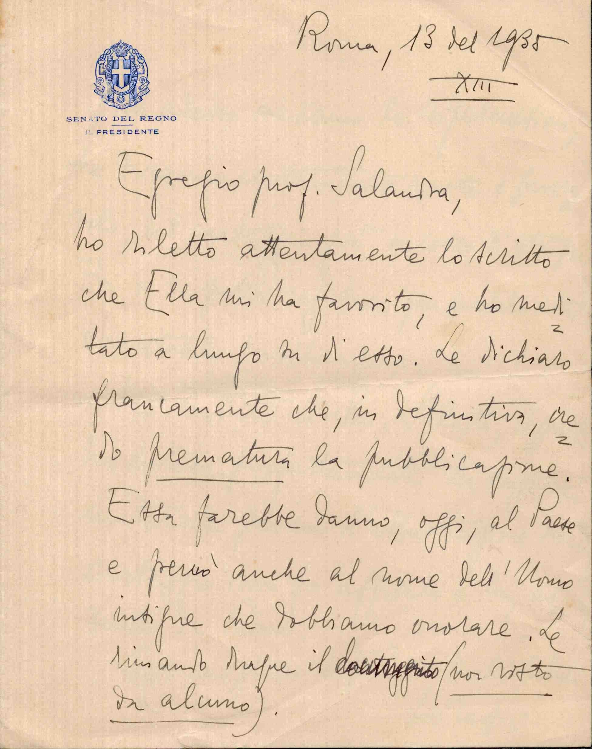 Lettera Autografa di Luigi Federzoni, Presidente del Senato del Regno e Ministr