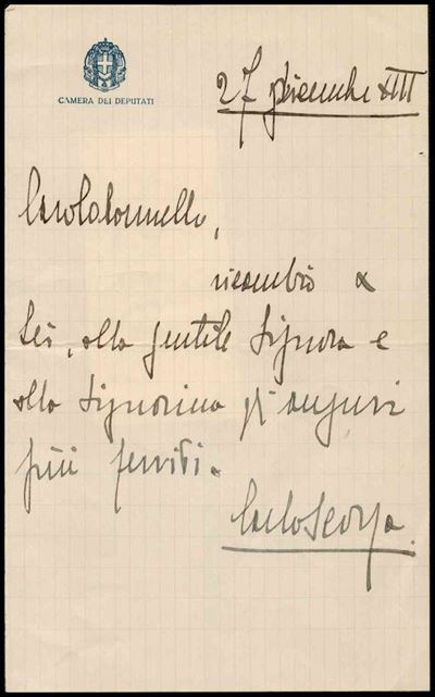 Lettera Autografa di Carlo Scorza, Uomo Politico ed Ultimo Segretario di Pnf
