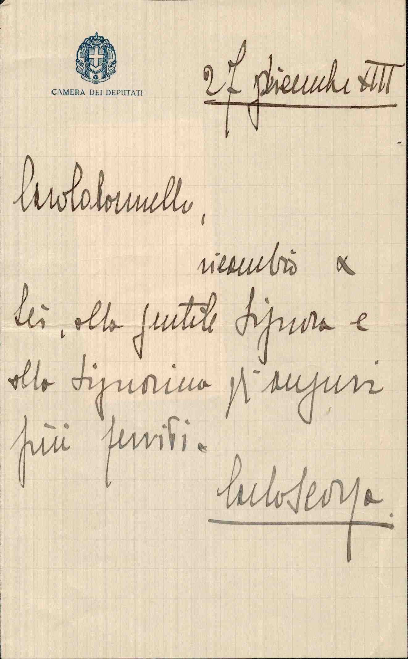 Lettera Autografa di Carlo Scorza, Uomo Politico ed Ultimo Segretario di Pnf