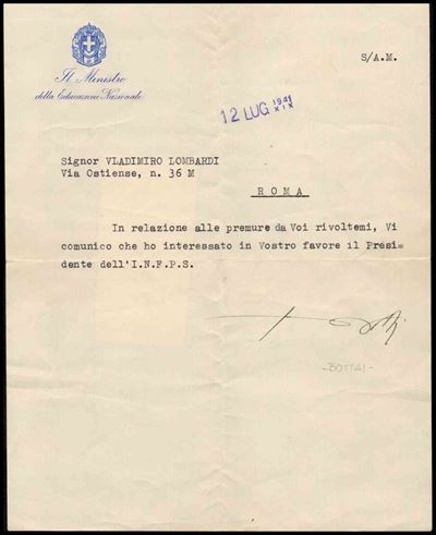 Lettera Dattiloscritta Firmata Bottai