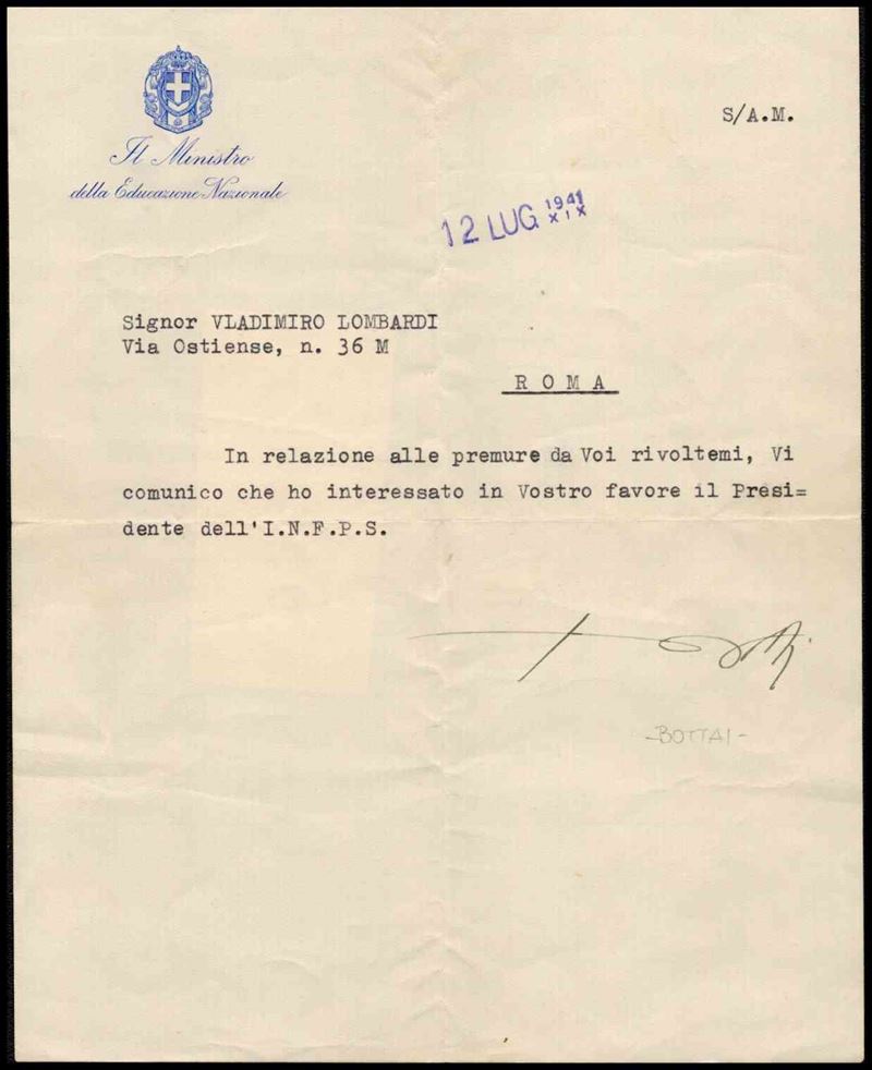 Lettera Dattiloscritta Firmata Bottai