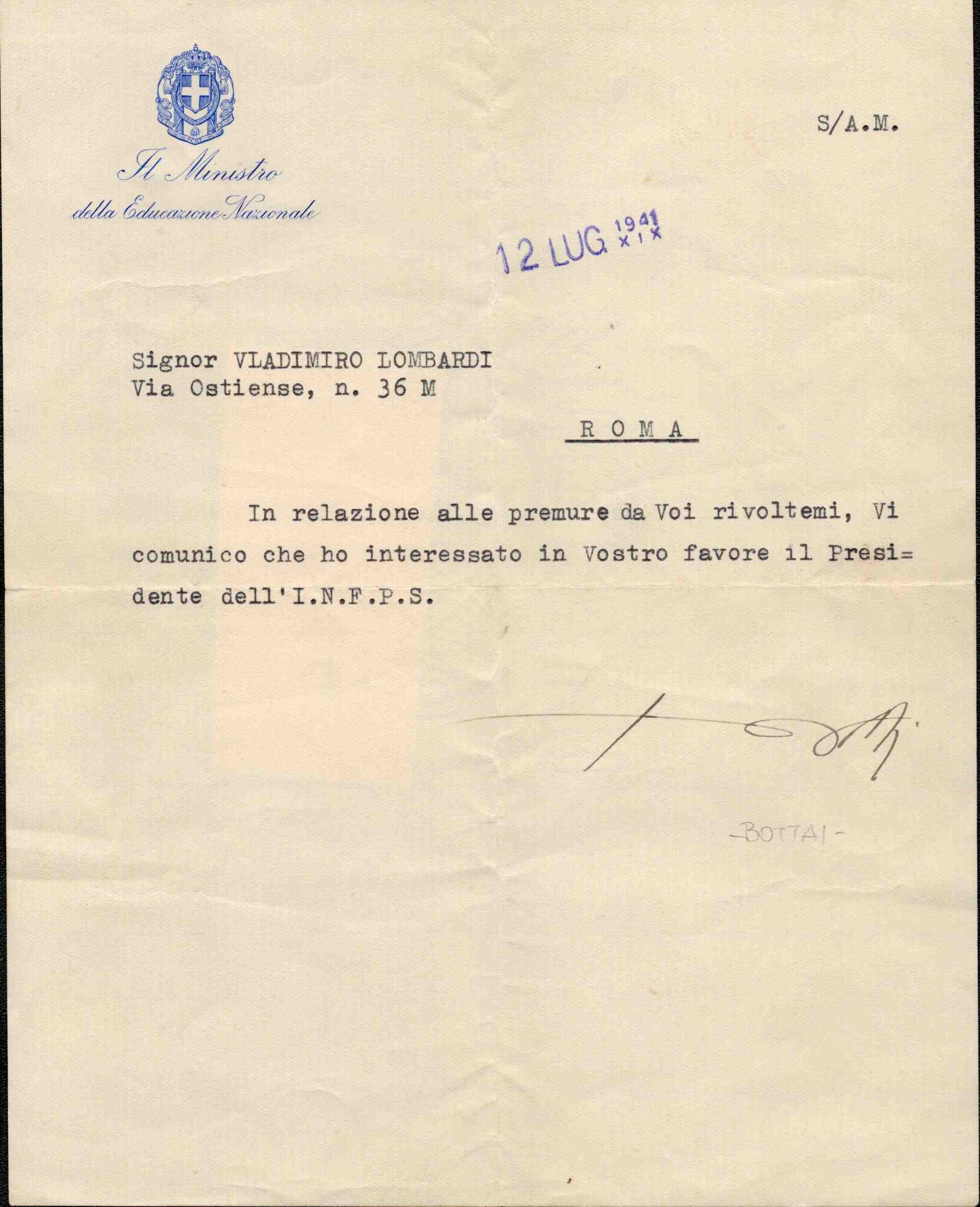 Lettera Dattiloscritta Firmata Bottai