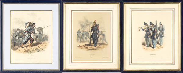 Lot of three lithographs depicting various military types...
