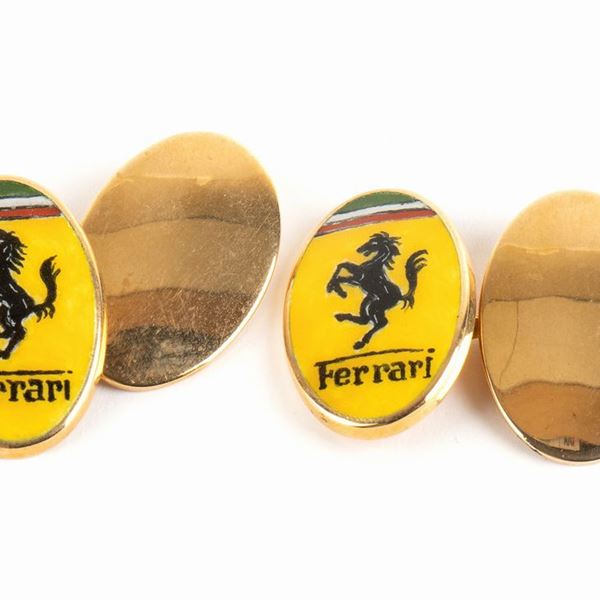 Pair of gold and enamel cufflinks depicting the car brand FERRARI ...