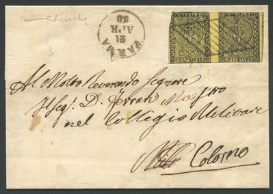Parma, Lettera affrancata con coppia del 5 cent. giallo n.1 e interspazio di gruppo