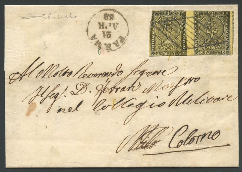 Parma, Lettera affrancata con coppia del 5 cent. giallo n.1 e interspazio di gruppo