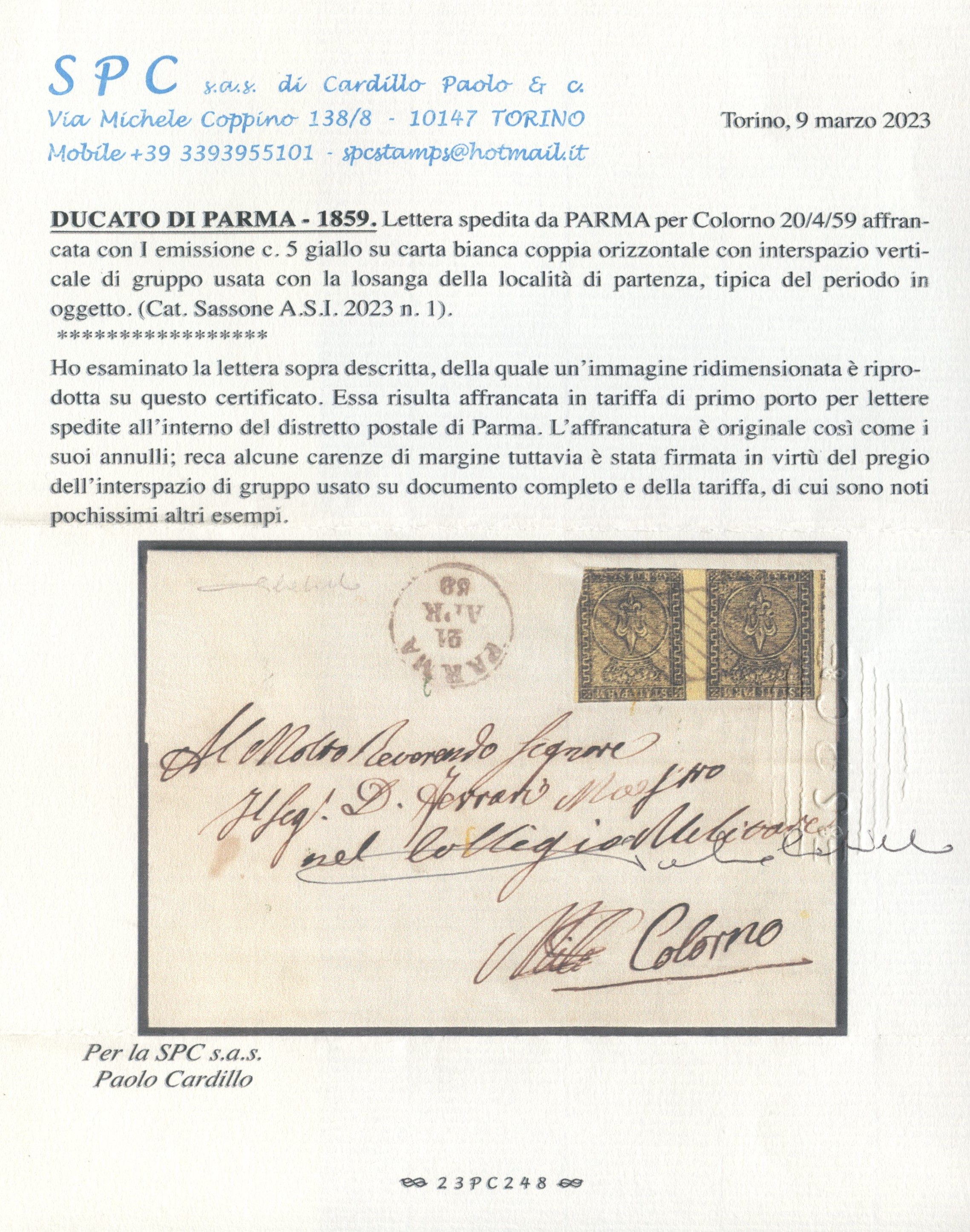 Parma, Lettera affrancata con coppia del 5 cent. giallo n.1 e interspazio di gruppo