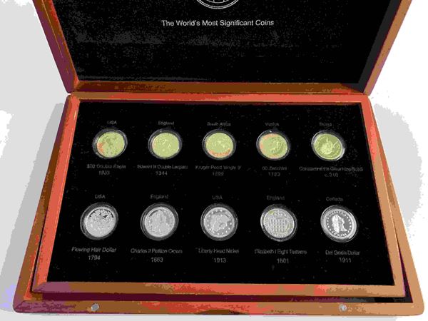 USA. Coin set "World's most significant coins". Set di 10 riproduzioni placcate...  - Asta Monete e medaglie moderne Italiane ed Estere - Bertolami Fine Art - Casa d'Aste