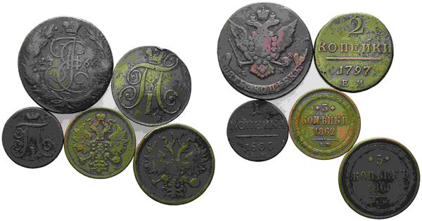 ESTERE - RUSSIA. Lotto composto da n. 5 Monete in Cu: 5 kopeks 1766 e 1865, 3 k...  - Auction Monete e medaglie moderne Italiane ed Estere - Bertolami Fine Art - Casa d'Aste